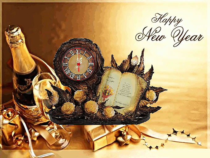 Zegar z szampanem i napisem Happy New Year